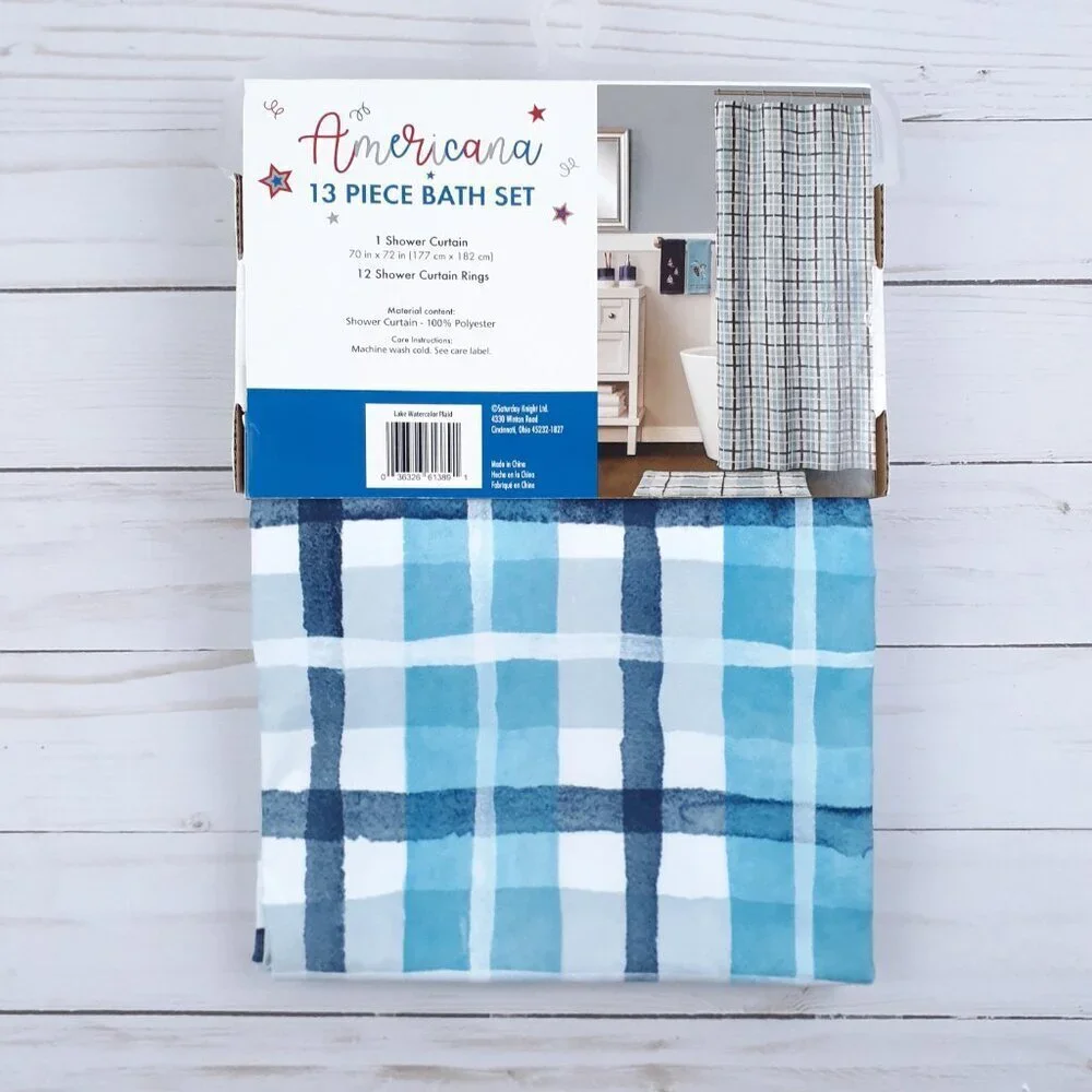 Fabric Shower Curtain Plaid Blue Gray 70x72 Lake Watercolor Hooks Included